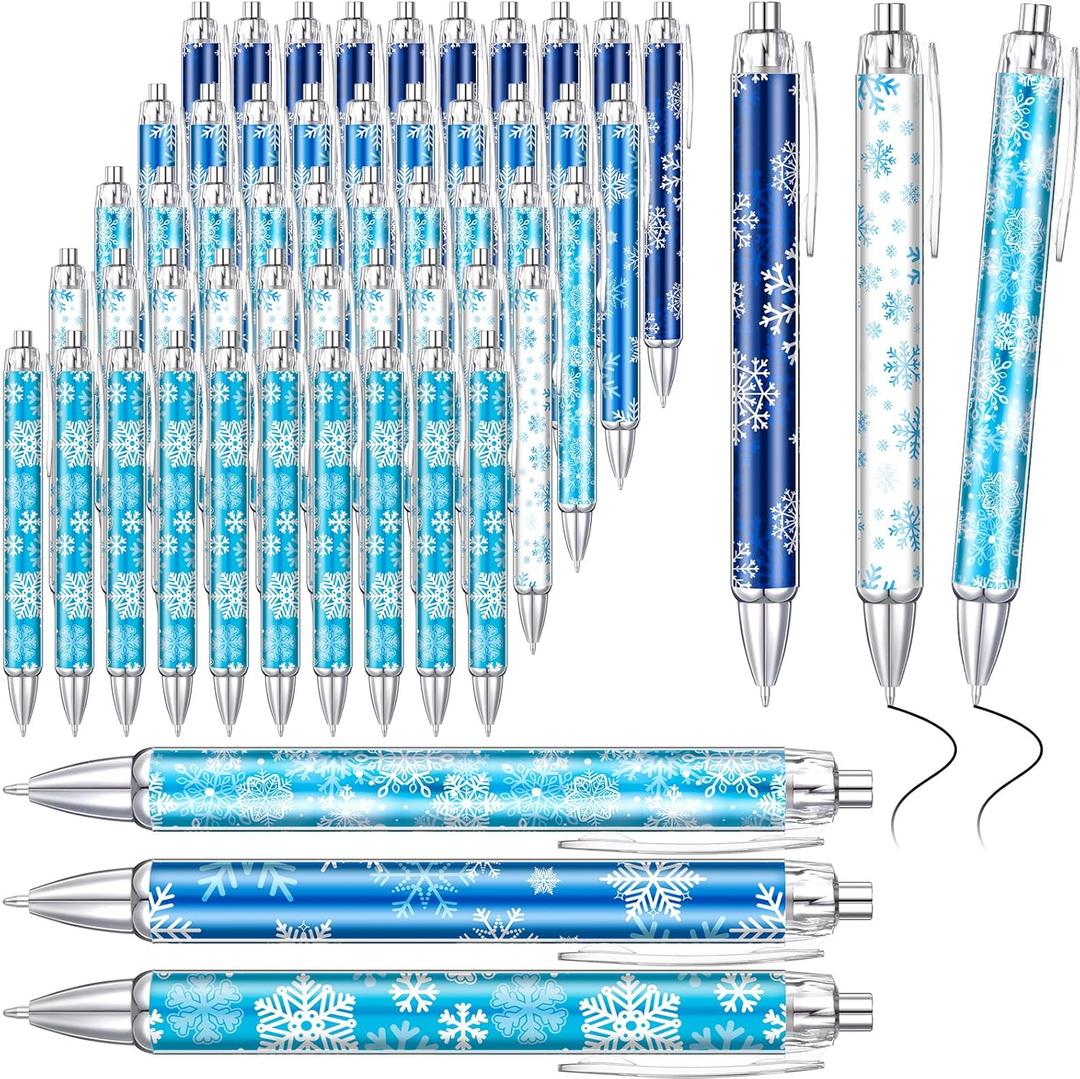 Thenshop 50 Pcs Winter Snowflake Pens Bulk Retractable Ballpoint Pens Black Ink Winter Snowflake Pattern Appreciation Gifts Office Supplies Stationery for Party Writing