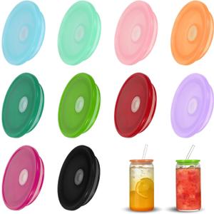 10 Pcs Acrylic Lids for 16oz Glass Cups, Colorful Glass Cup Lids Replacement, Spill-Proof Reusable Tumbler Lid for Iced Coffee, Beer, Smoothie, and Beverage Cups with Straw Hole (Coloful)
