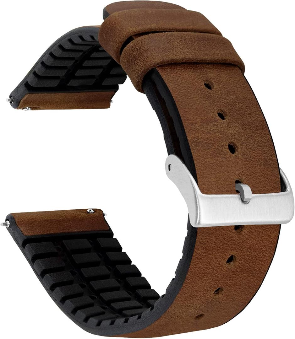 BARTON Leather and Rubber Hybrid Straps with Integrated Quick Release Spring Bars - 316L Stainless Steel - Choose Color - 18mm, 20mm & 22mm Watch Bands (Oak)