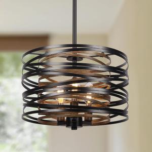 12.6'' Farmhouse Chandeliers for Dining Room, 3-Light Industrial Metal Hanging Light Fixture, Rustic Drum Pendant Light for Entryway Kitchen Foyer Bedroom, Black with Retro Wood Texture Interior (12.6"/3-Light)
