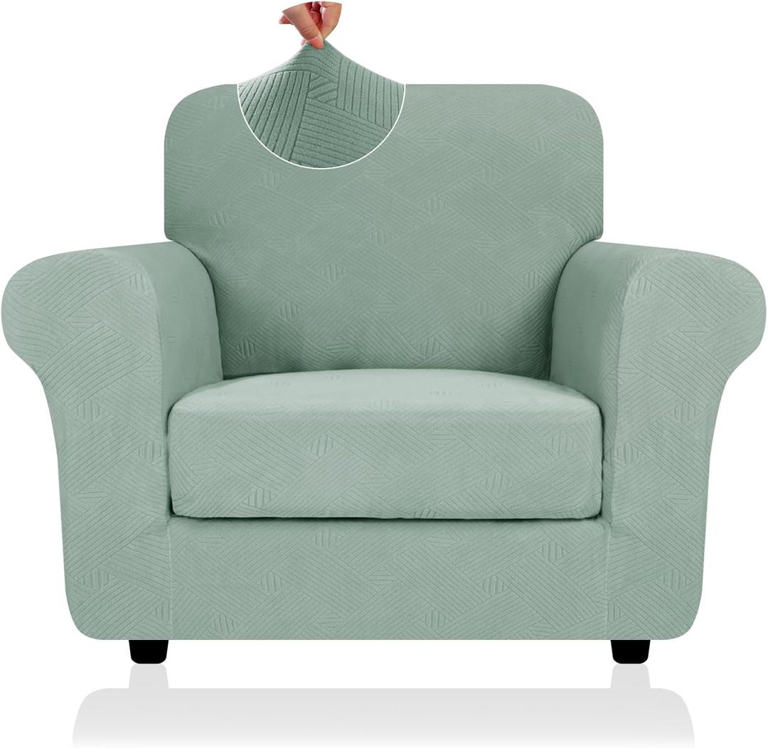 2025 Striped Chair Covers 2 Piece, Stretch Chair Slipcover with Arms for Living Room, Anti-Slip Armchair Cover with Bottom Ties, Thick Durable Washable, Soft Cozy Protector (31"-46", Pea Green)