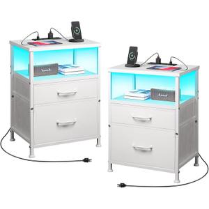 Nightstand with Charging Station Set of 2, LED Night Stand with 2 Fabric Drawers, Side Table with Open Shelf, End Table with Steel Frame, 2 Drawer Dresser for Bedroom, White