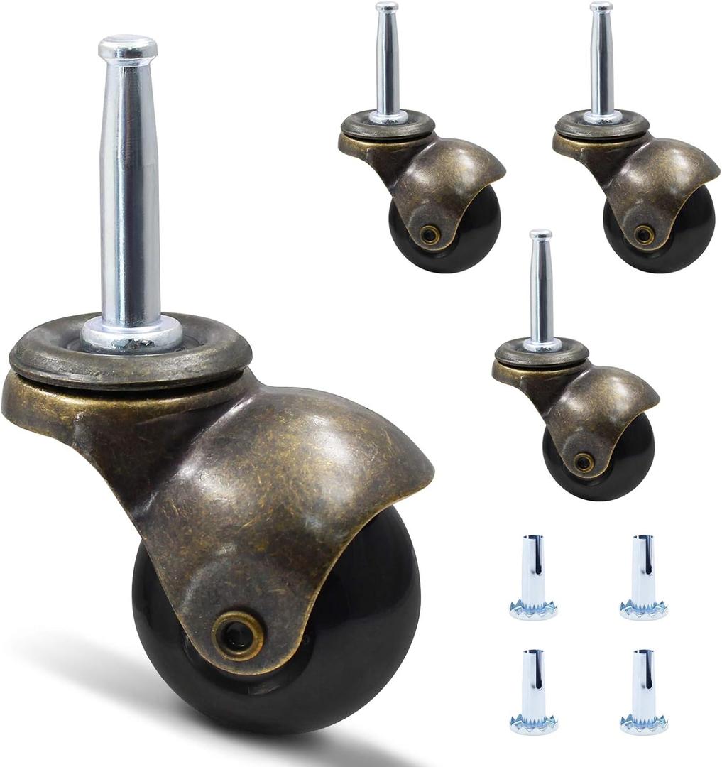 Luomorgo 1.5" Ball Caster Wheels for Furniture, Set of 4 Vintage Casters Antique Copper Gold Stem Casters with 5/16" x 1-1/2" (8 x 38mm) Mounting Insert Sockets Replacement for Sofa Chair Cabinet