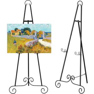 46" H Metal Round Tube Scroll Display Easel, Classic Black Decorative Large Adjustable Floor Standing Easel with Chain Support, Perfect for Showcasing Pictures, Artwork, Picture Frame Wedding Sign Etc
