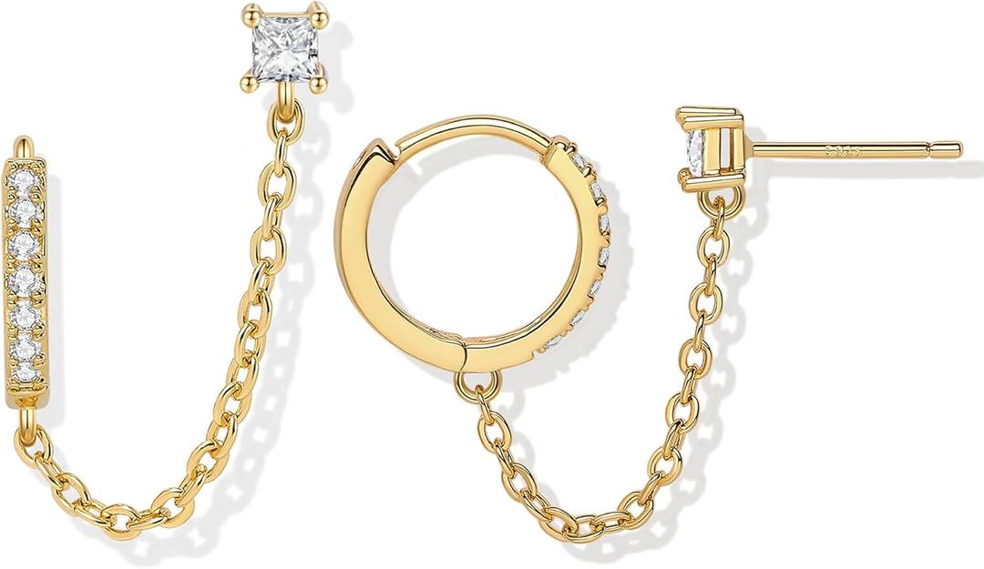 Double Piercing Chain/Stud Earrings for Women 18K Gold Plated S925 Sterling Silver Dangle Chain Huggie Hoop Earrings with Cubic Zirconia Stones Simulated CZ Earrings