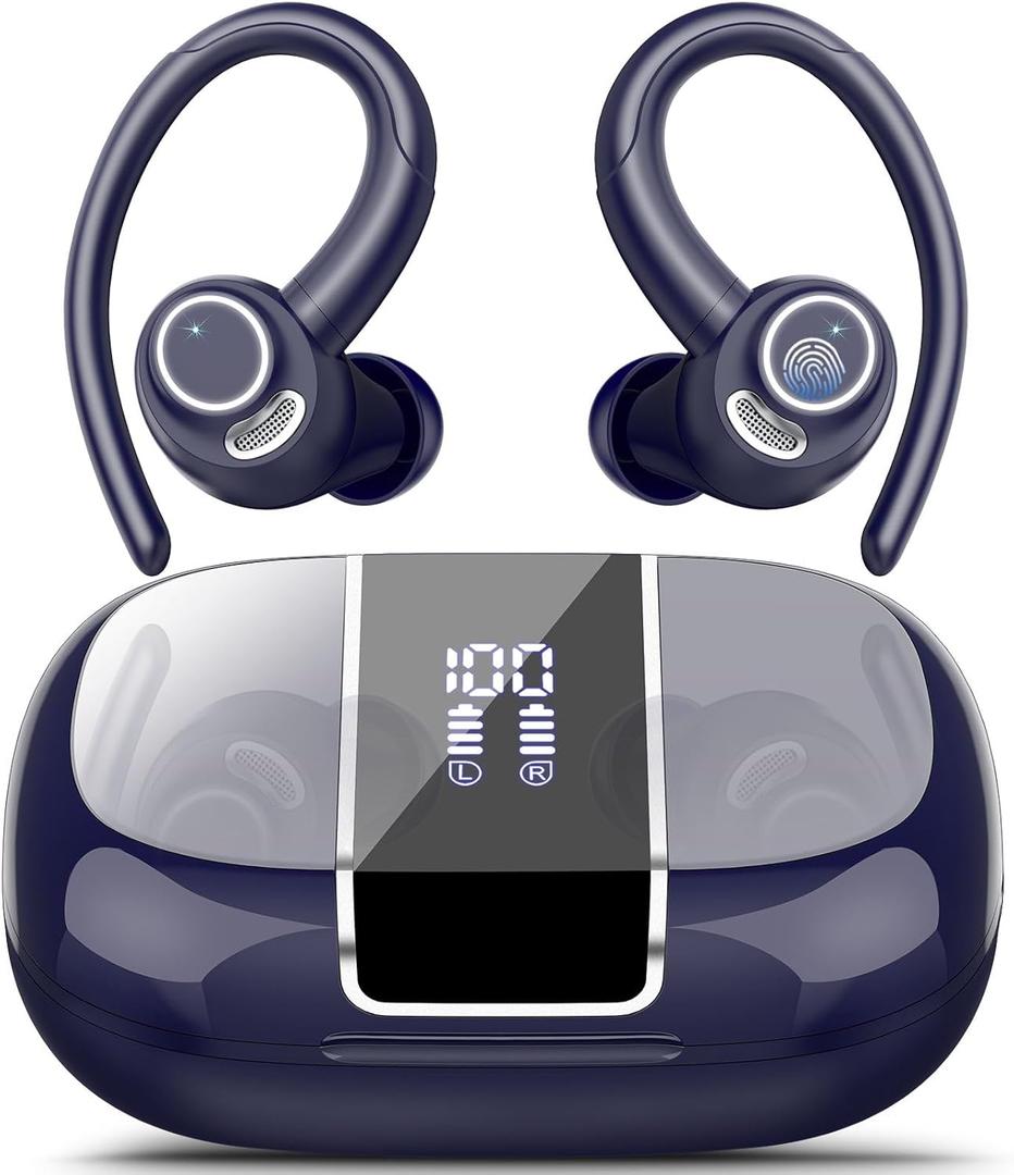 Headphones Wireless Earbuds Sport, Bluetooth 5.3 Over Ear Buds Stereo Deep Bass Headset with Earhooks, 48H Wireless Earphones with HD Mic, IP7 Waterproof Earbud for Sports/Running/Workout Deep Blue (Deep Blue)