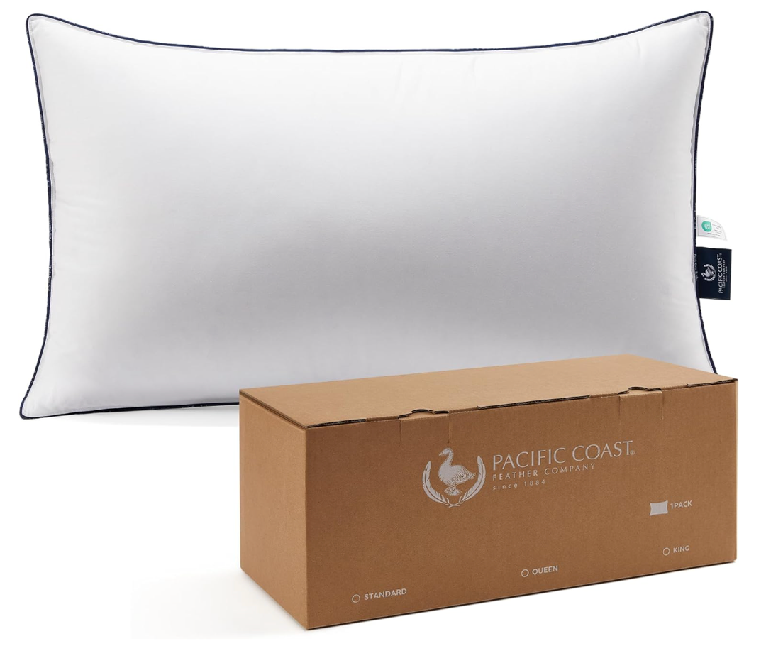 Pacific Coast Bed Pillow, Hotel Collection Goose Feather and Down Pillow for Sleeping, 3-Chamber Design, Medium Supportive, Standard Size