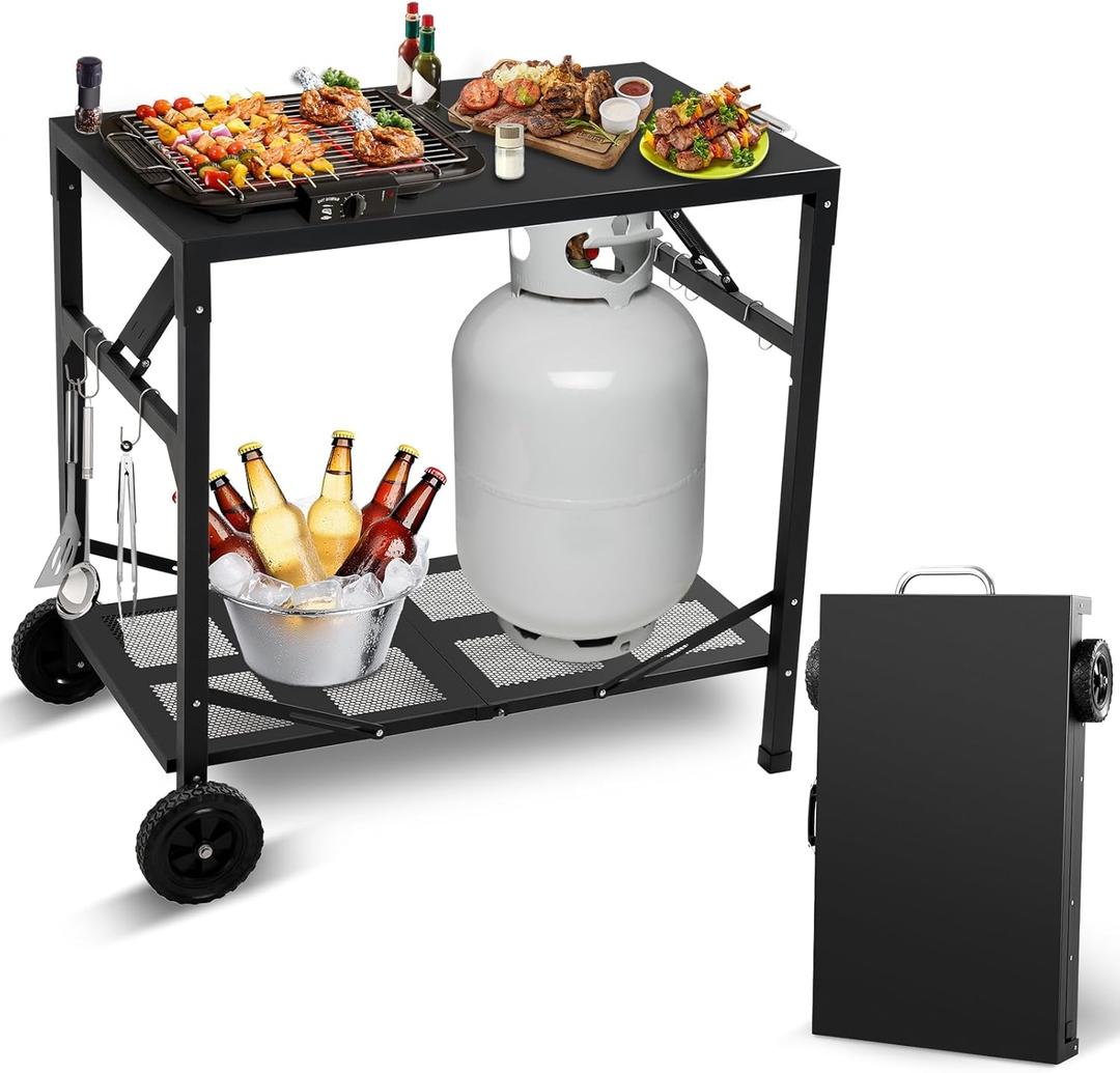 Grill Cart Outdoor with Wheels - Foldable Pizza Oven Stand Table, Portable Dining Cart Table for Outdoor, BBQ, Indoor, Kitchen(Black with Silver Handle)