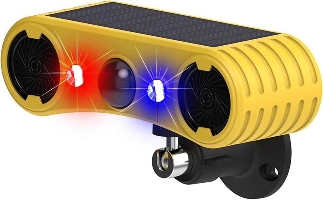 HULPPRE Solar Outdoor Motion Sensor Alarm-13 Sounds Including Dog Barking&Gunshot,2 * 130db Loud Noise Maker,4 Modes,Red&Blue Motion Activated Strobe Light,Say Goodbye to The Intruders