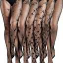 Ramede 6 Pairs Halloween Fishnet Stockings for Women Black Lace Patterned Tights Star Thigh High Waist Leggings Tights (X-Large)