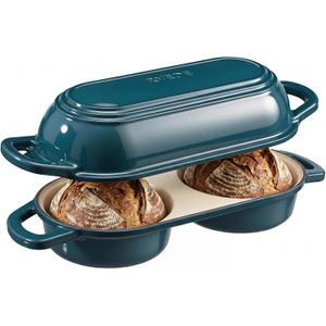 Enameled Cast Iron Bread Loaf Pan with Lid,Double Sourdough Baking Pan-Teal