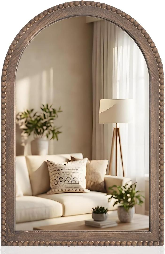 Vercraft 36" x 24" Arched Wall Mirror Wooden Arch Farmhouse Mirror with Wooden Beaded Frame Rustic Wall Decor for Entryway, Bathroom & Living Room