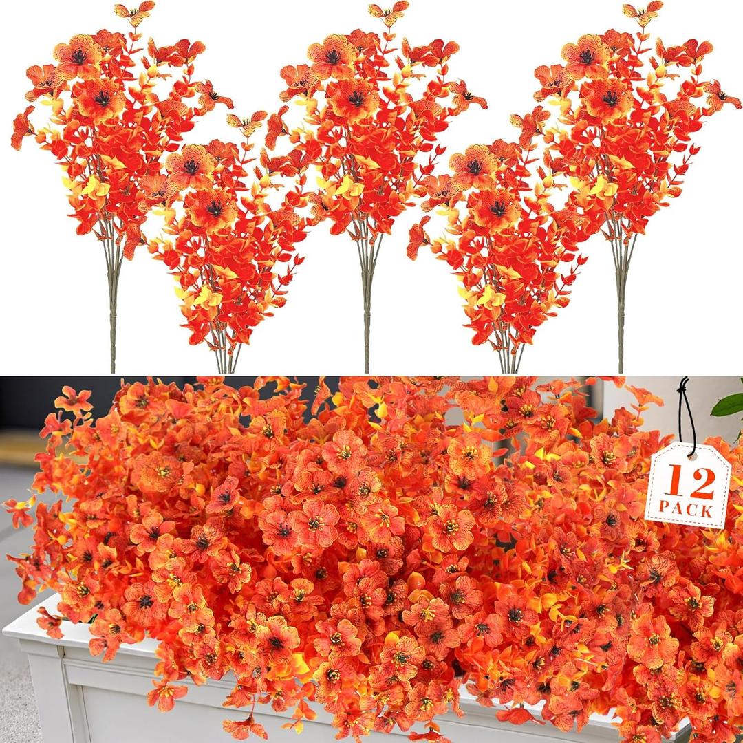 12 Bundles Artificial Fall Fake Mums for Outdoor, Autumn Faux Mums Flowers UV Resistant Plastic Greenery Garden Porch Patio Fall Thanksgiving Home Decor (Orange Yellow)