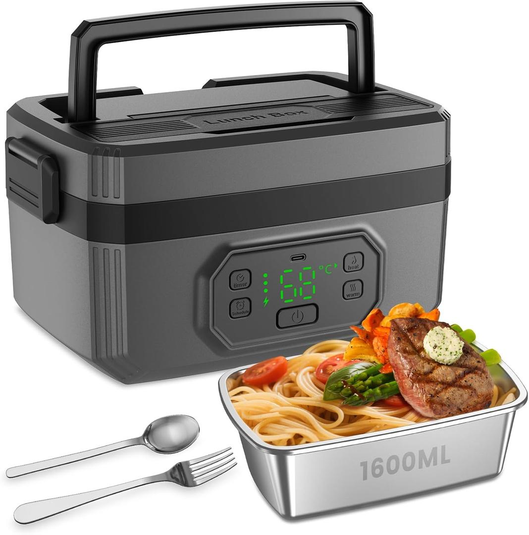 Cordless Electric Lunch Box with 24000mAh Battery, Self Heating Lunch Box with Timer & Delay Start, 1.6L Portable Food Warmer for Work, Truck Drivers & Outdoor Use