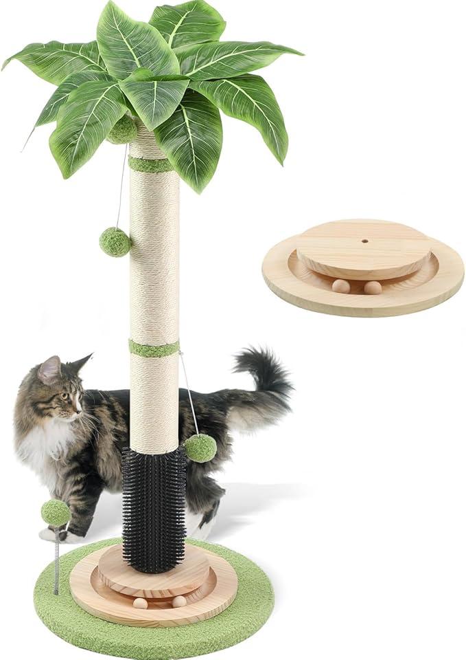 45'' Tall Cat Scratching Post,3.5Inch Diameter Sisal Rope Scratching Post for Indoor Cats Adults Kittens,Cat Scratcher with Interactive Ball Toys Self Groomer Brush for Large Cats