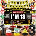 Kuxriox Happy 13th Birthday Decorations for Boys Girls, Bruh Ur A Teenager Birthday Banner, I'm 13 Bday Backdrop Balloons Cake Topper Party Supplies, Black Caution Themed Teenager 13 Years Old Sign