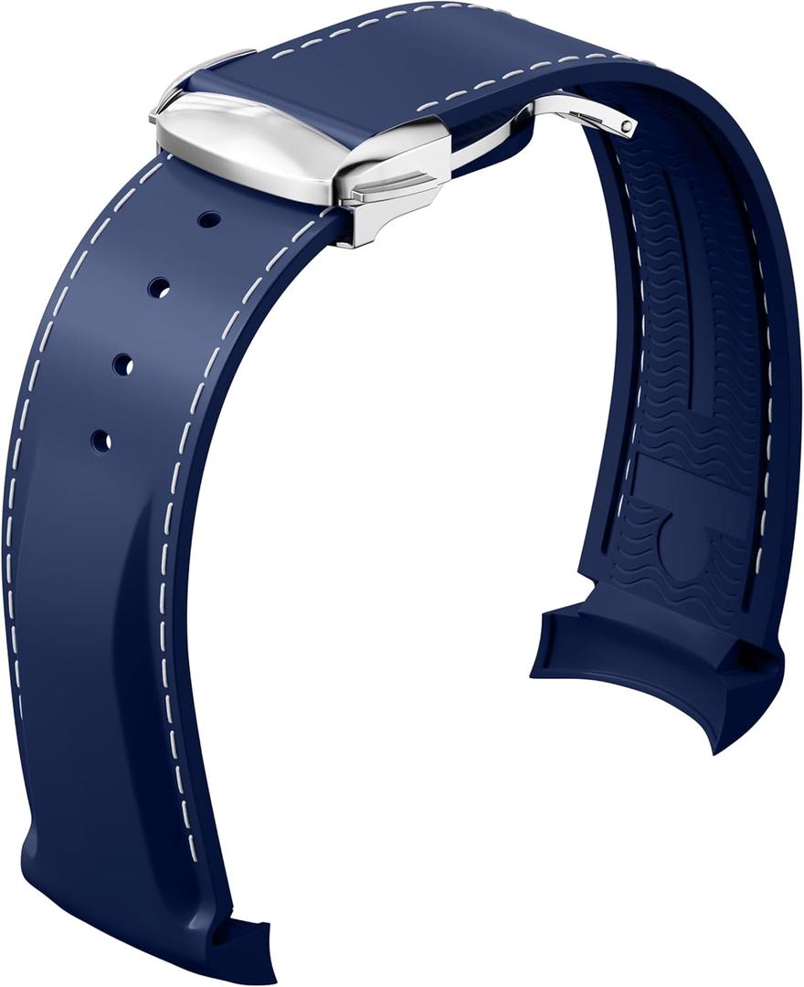 Bands for Omega Seamaster WatchCurved End Rubber Strap Compatible with Omega Rolex Tudor SEIKO 20mm 22mm Watch Seamaster Speedmaster Diver 300M 600M Strap Men Women (Blue with white stitching)