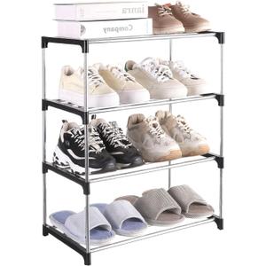Small Shoe Rack, Narrow Stackable Shoe Shelf Organizer for Entryway, Doorway and Bedroom Closet (4-Tier, Black)