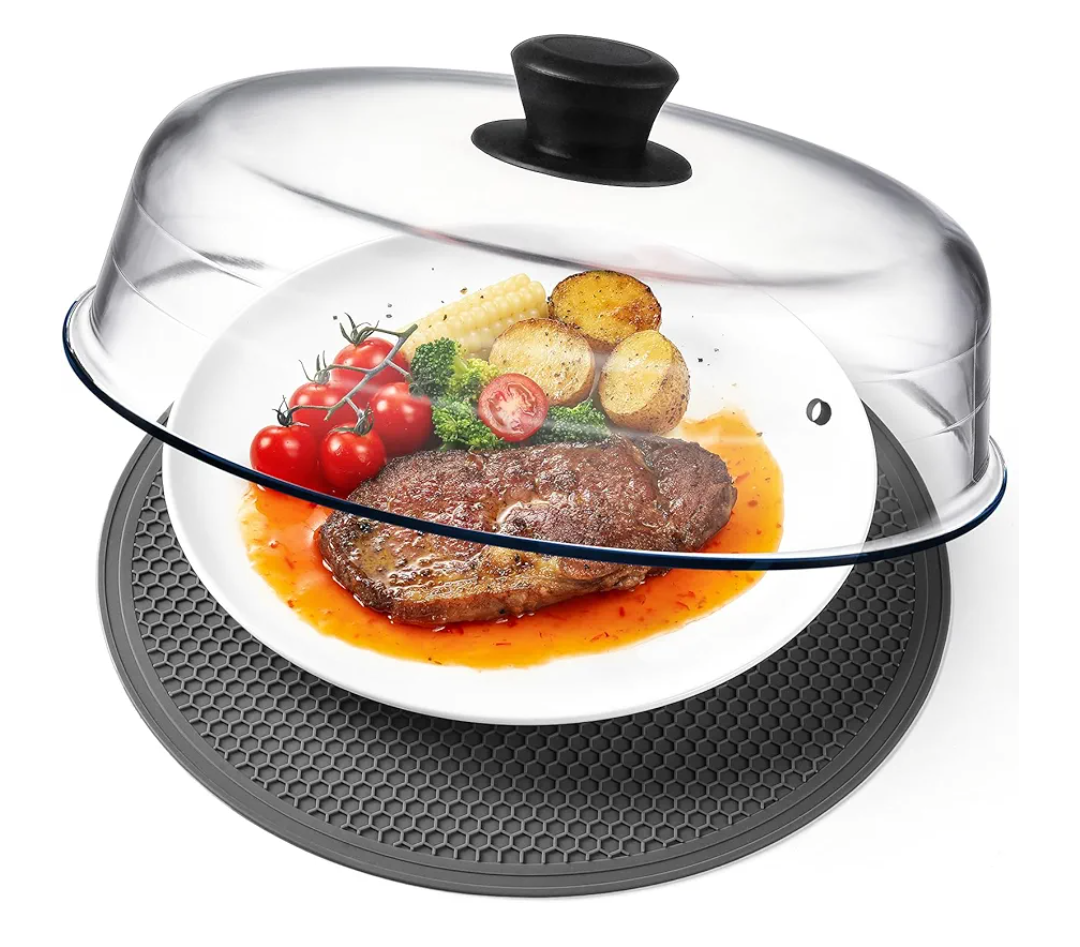 2 in 1, Glass Microwave Splatter Cover for Food & Microwave Place Mat, Plate Splatter Guard Lid with Easy Grip Silicone Handle Knob, Borosilicate Glass with Vent Hole, Food Grade, No Plastic, 10in