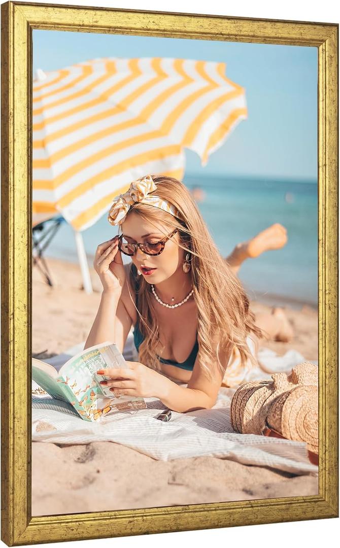 Wood 10x14 Frame Gold, Ornate Natural 14x10in Poster Picture Frame, Modern Golden 10 x 14inch Gallery Wall Photo Frame with HD Plexiglass, Horizontal Vertical Wall Mounting Display 1pcs