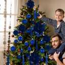 Janinka 36 Pack Christmas Poinsettia Flowers Decoration Set Include 12 Pcs Artificial Glitter Poinsettia, 24 Pcs Hanging Christmas Balls and Teardrop Ornaments for Xmas Holiday Decor(Navy Blue)