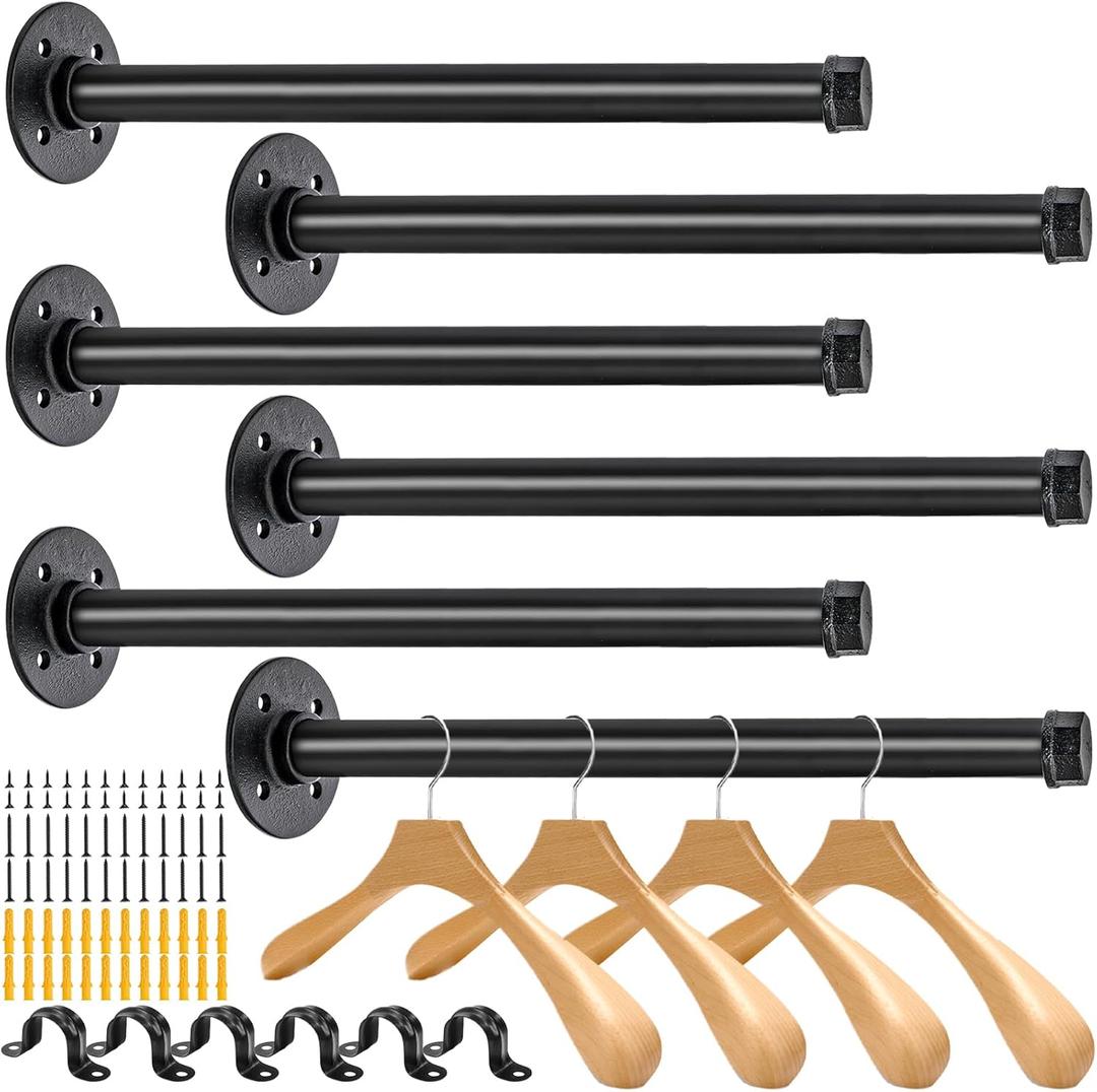 ZOOFOX 6 Pack Industrial Pipe Clothes Bar, 12 Inch Wall-Mounted Clothing Rack, Heavy Duty Metal Coat Hook for Bathroom, Bedroom, Laundry Room, Retail Boutique Display