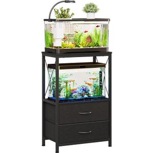 Aquarium Stand 10 Gallon with 2-Tier Shelf, Fish Tanks Stand with 2 Drawers, Metal Frame Heavy Duty Reptile/Turtle Tank Stand for Home Office, Fish Tanks Accessories Storage, Black