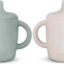 KIDSco. Silicone Sippy Cups (2 Pack)  Soft Spout & Easy Grip Handles for Babies 6+ months, Plastic Free, Toxic Free Silicone, Leak-Resistant, Dishwasher Safe (Green and Sandy Shore)