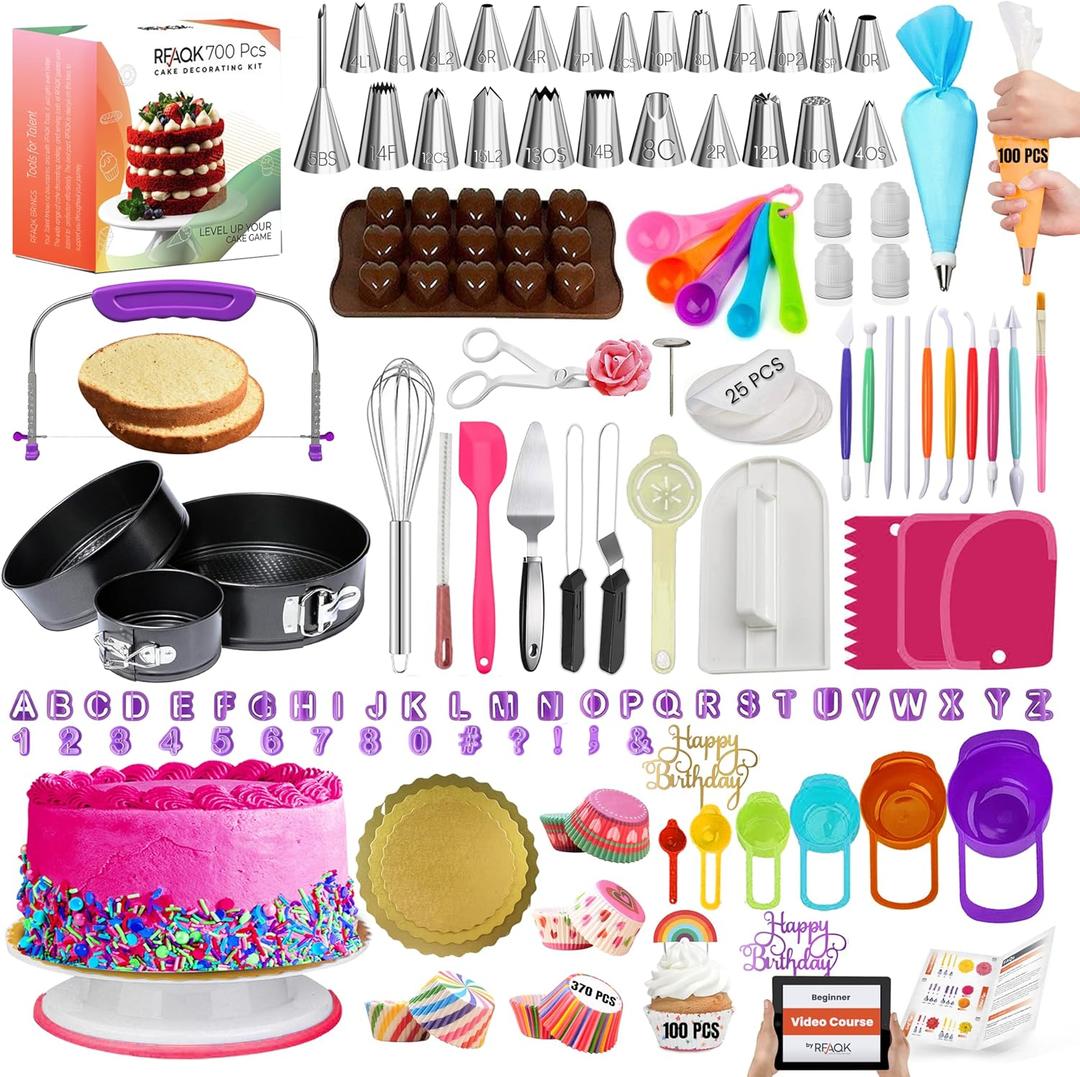 RFAQK 700PCs Cake Decorating Kit with Baking Supplies - Cake Turntable for Decorating with Baking Pans, Leveler, 24 Numbered Piping Tips, 2 Spatulas, Fondant Tools, Video Course, Pattern Chart & More