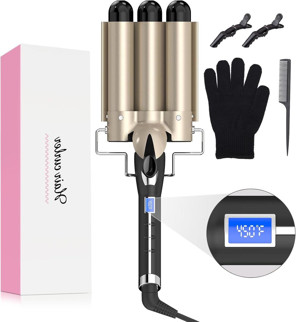 Hair Waver 1 1/4 Inch Crimper for Large Loose Waves, AIMERVO 3 Barrel Curling Iron 1.25", 15 Heat Settings 170-450F for All Hair Types, Ceramic Jumbo Curling Wand, Dual Voltage, for Mid to Long Hair