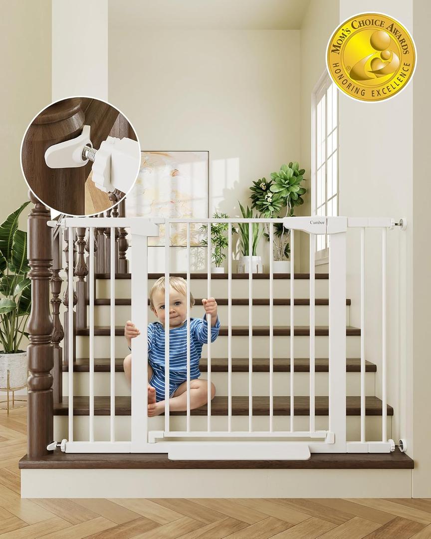 Cumbor 29.7-46" Baby Gate for Stairs, Toddler Safety Essentials for The House, Auto Close Dog Gate for Doorways, Mom's Choice Awards Winner-Easy Install Pressure Mounted Pet Gates for Dogs, White (29.7-46"W x 30.5"H, White)