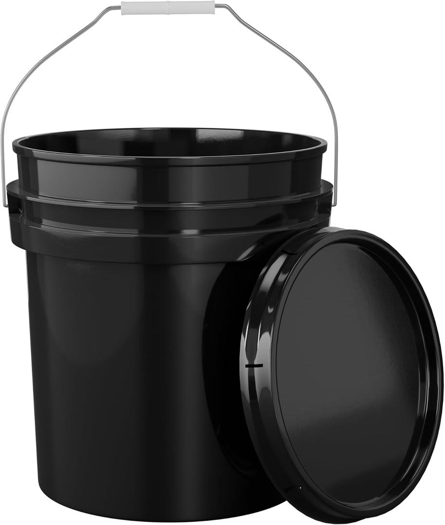 EconoHome 5-Gallon Black Bucket Pail Container with Lid | Metal Handles with Plastic Grip for Easy Carrying | Easy Stack and Store | Heavy-Duty Extra Durable | Food Grade | BPA Free - 1 Pack