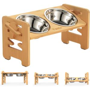 Vantic Elevated Dog Bowls, Adjustable Raised Dog Bowl Stand for Small Puppy and Cats, Sturdy Bamboo Pet Food Feeder with 2 Stainless Steel Dishes, Natural