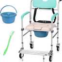 Rengue Shower Chair with Wheels,3-in-1 Bedside Commode Chair with Padded Seat,Detachable Bucket,Adjustable Transport Rolling Chair,330lbs Weight Capacity