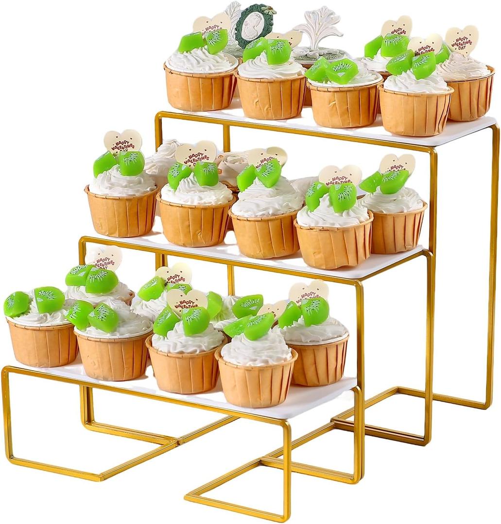 12 Inch 3 Tier Serving Stand Polypropylene Serving Platter Tier Serving Trays with Collapsible Sturdier Rack, Serving Dishes and Platters for Thanksgiving, Christmas, Entertaining, Gold,