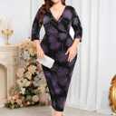 ZOMVA Plus Size Sparkly Wrap Dress 3/4 Sleeve Firework Glitter Bodycon Dresses Wedding Guest Cocktail Evening Party (Black, XXXL)