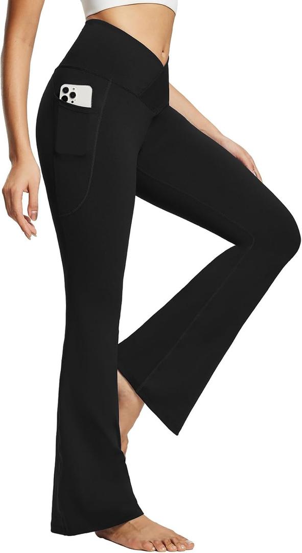 baleaf Women's Yoga Pants V Crossover Flare Leggings with Pockets High Waist Casual Workout Gym Bell Bottom Leggings (X-Large, Black)