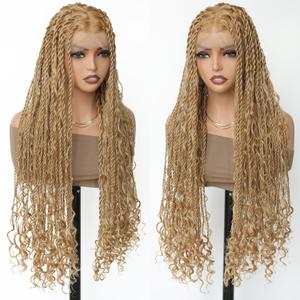 FABLLE 30 Inch Boho Braided Wigs for Black Women Knotless Boho island Twist Wig Single Full Lace Square Box Honey Blonde Braids Wig Pre Plucked with Baby Hair Beginner Friendly
