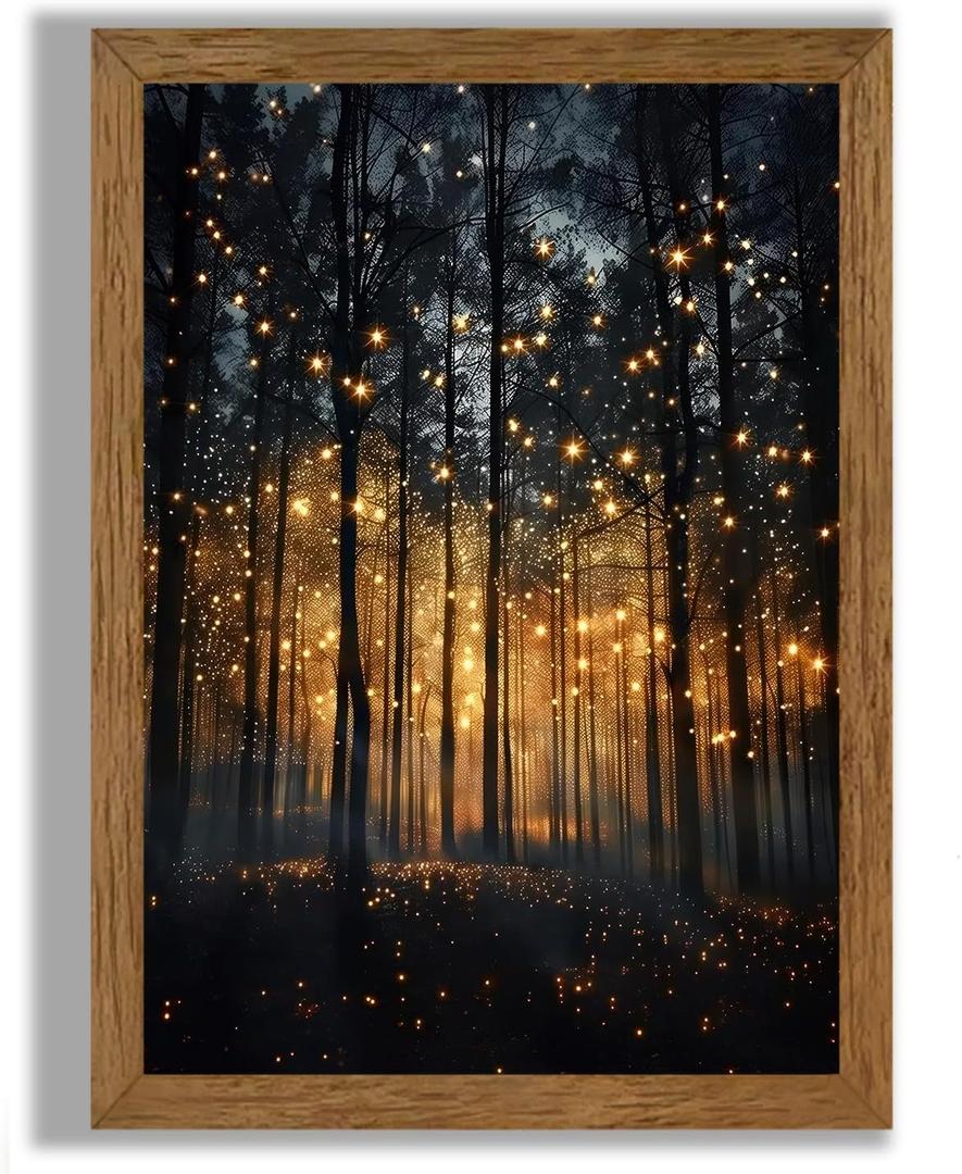 JLTULT Framed Enchanted Forest Firefly Canvas Wall Art, Dark Twilight Landscape Wall Decor, Rustic Botanical Nature Tree Art Prints for Bedroom Living Room Office Decoration 16x24 inch Easy to Hang