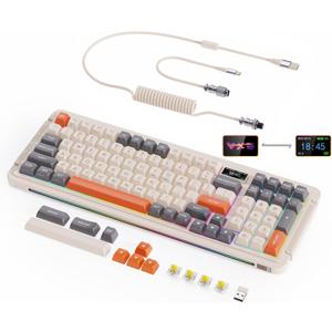 L98 Wireless Mechanical Keyboard with 1.14 TFT LCD, Hot-swappable RGB Keyboard w/Gateron G Yellow Pro Switches, Bluetooth/2.4G/Wired, Gasket Mount, PBT Keycaps, Pebble White (98 Keys)