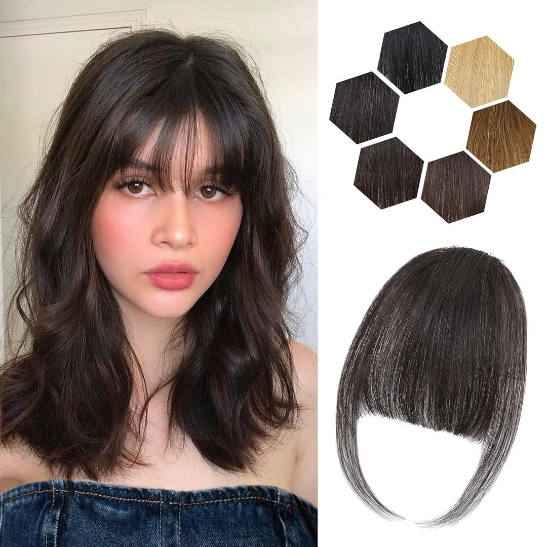 Clip in Bangs for Women - 100% Real Human Hair Wispy Bangs Hair Clip with Temples Hairpieces Fake Bangs for Daily Wear (Brown Black, Wispy Bangs)