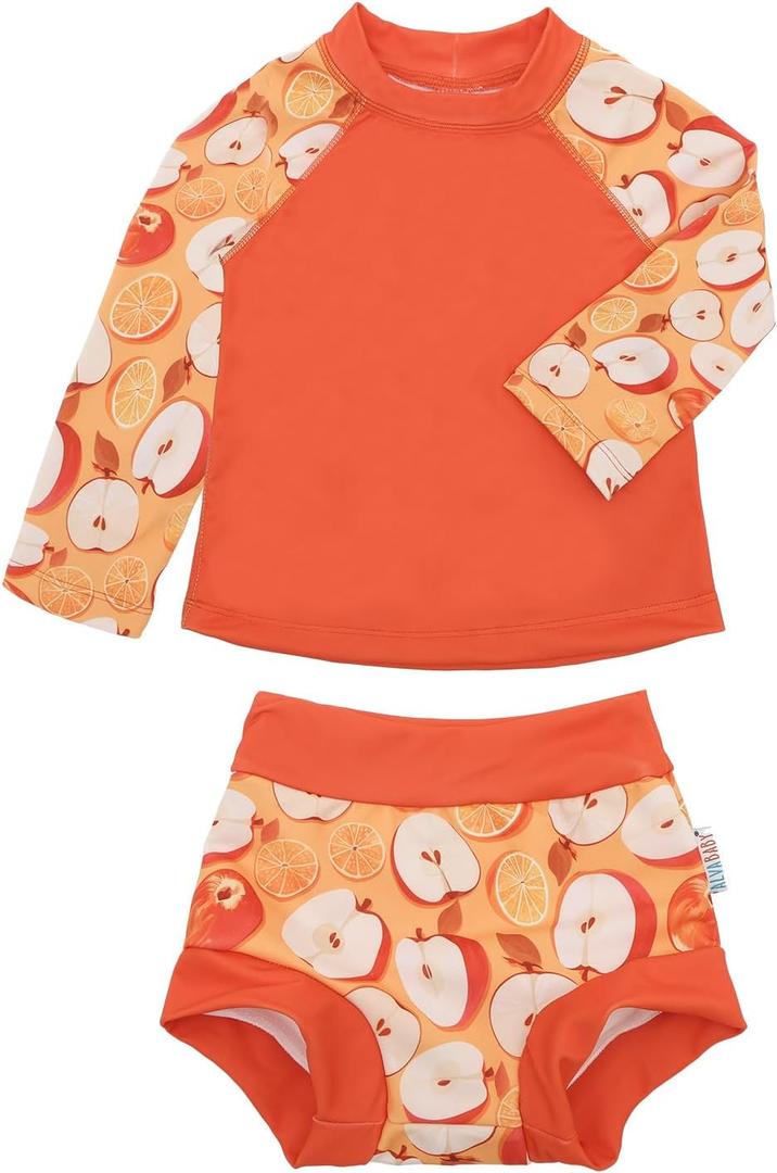 ALVABABY Long Sleeve Rashguards with Swim Diaper, Baby/Toddler Girls' Rash Guard Sets,Girl Swimsuit UPF 50+ Sun Protection Two Piece Bathing Suit, Size: 18 Months
