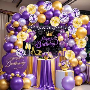 YinQin 63 PCS Purple Gold Happy Birthday Party Balloons Set with Photo Backgrounds Backdrops Banner Cloth Confetti Balloon Purple Golden Happy Birthday Party Supplies Decorations for Girl | Women