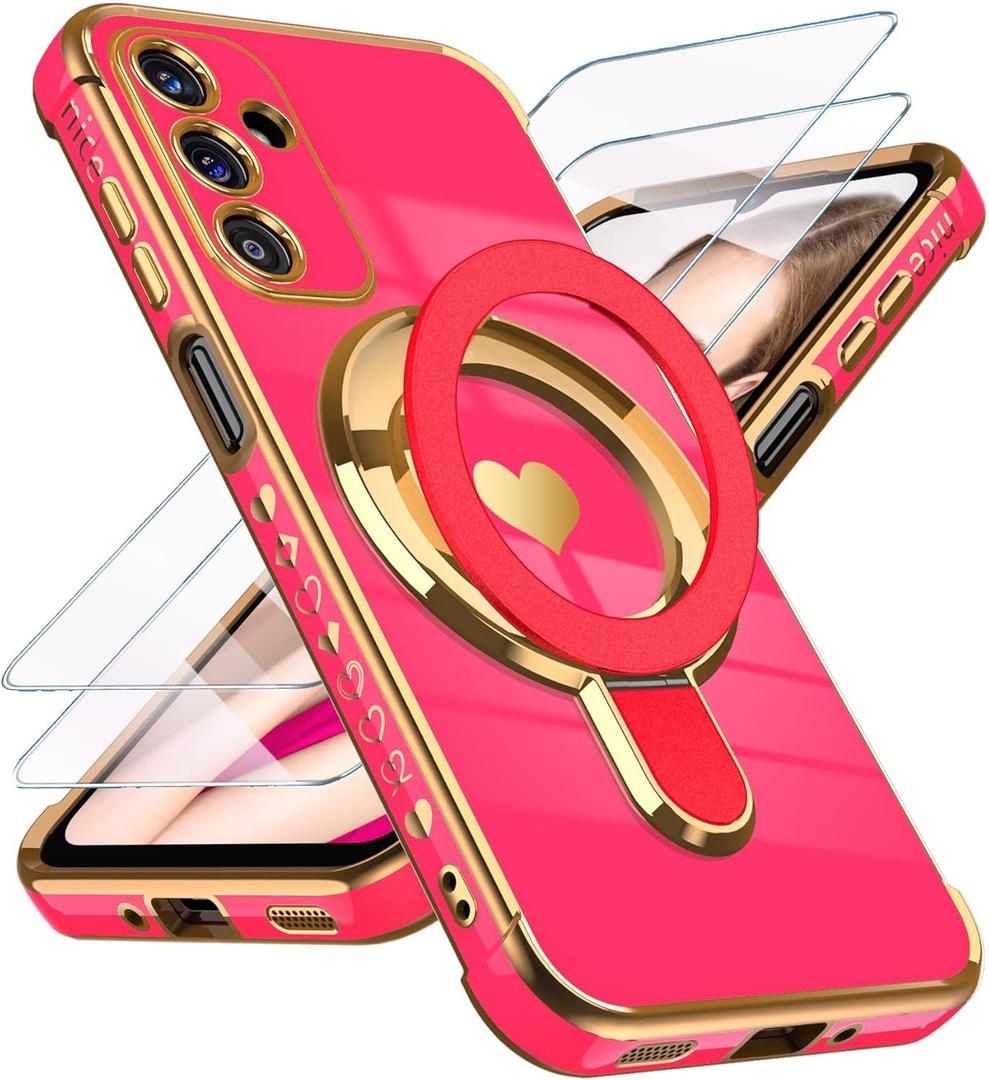 for Samsung Galaxy A16 5G Love Heart Kickstand Case with 2X Screen Protector: Luxury Plated Gold Edge Slim Soft TPU Shockproof Protection Case Cover for Galaxy A16 (Hot Pink)