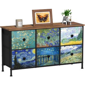 EXOTICA 6 Drawer Dresser for Bedroom Van Gogh Chest of Drawers Wide TV Stands Fabric Storage Drawer Unit for Living Room Entryway Closet Sturdy Steel Frame Wood Top, 
