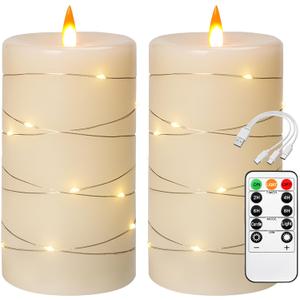 Rechargeable Flameless Candles, LED Candles, Candles with Remote and Timers, Real Wax Pillar Candles, with Flickering Embedded Star StringIvory White, Set of 2