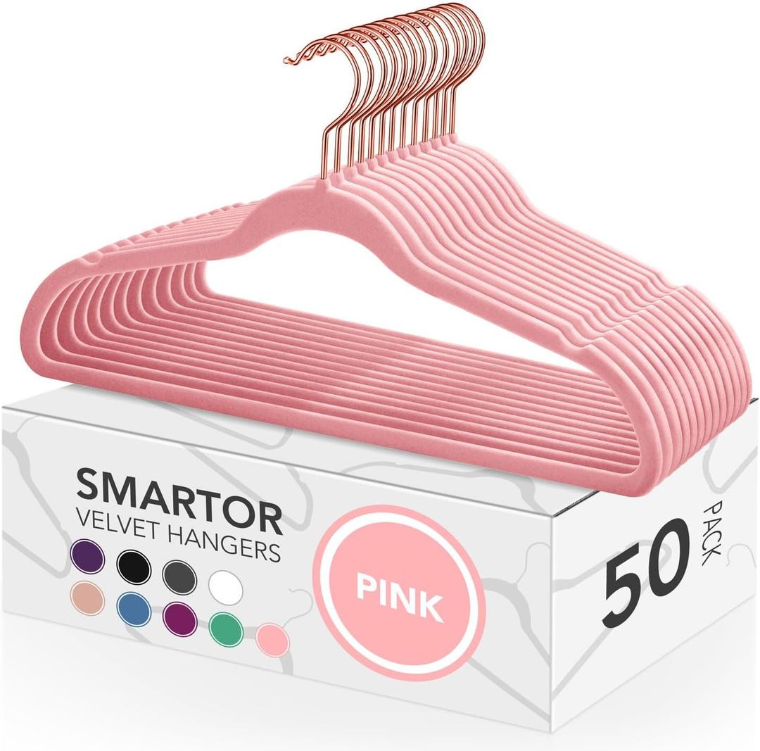 Smartor Pink Velvet Hangers - 50 Pack, Felt Hangers Non Slip Rose Gold Velvet Hangers, Heavy Duty Felt Hanger Flocked Hangers as Coat Hangers, Suit Hangers - Heavy Duty Clothes Hangers Velvet - Pink