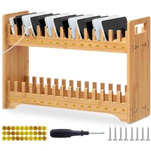 Cinnvoice Bamboo Cell Phone Holder Classroom Heavy Duty Widened 30 Slots 2-tier Wooden Cell Phone Storage Organizer Rack with 1-30 Number Stickers, Screwdriver and Screws for Classroom Office Desktop