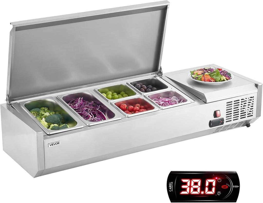 VEVOR Refrigerated Condiment Prep Station, 130 W Countertop Refrigerated Condiment Station, with Two 1/3 Pans & Four 1/6 Pans, 304 Stainless Body and PC Lid, Sandwich Prep Table with Stainless Guard