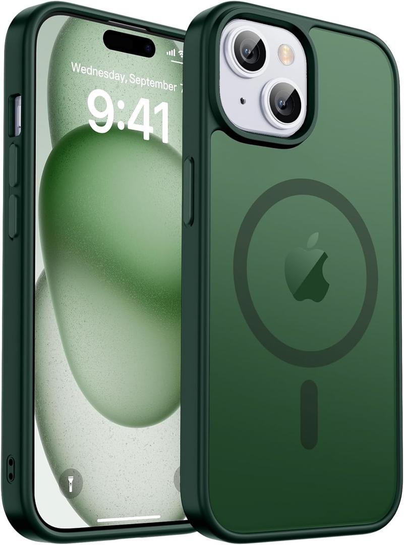Magnetic for iPhone 15 Plus Case & iPhone 14 Plus Case, [Compatible with MagSafe] [Military Grade Drop Protection] Translucent Matte Shockproof Anti-Scratch Phone Cover, Forest Green